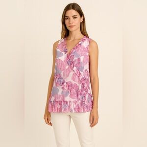 Banana Republic Tank Top Womens Sz Small Multi Floral 100% Silk Ruffle V Neck